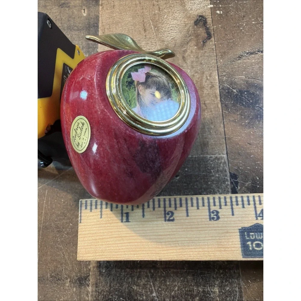 Andrea by Sadek Red Apple Polished Marble Paperweight Picture Frame Brass Stem